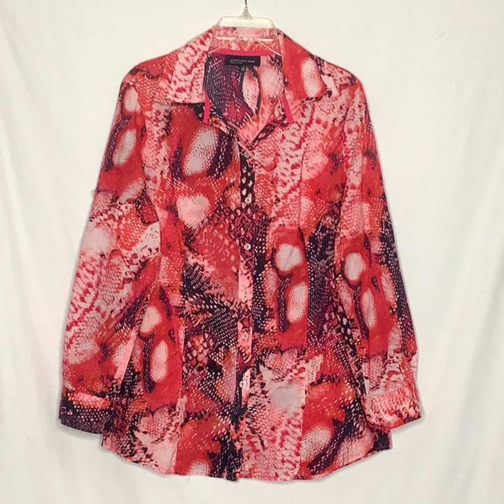 Reptile Print Button Down Cotton Shirt With Roll Tab Sleeves Size L